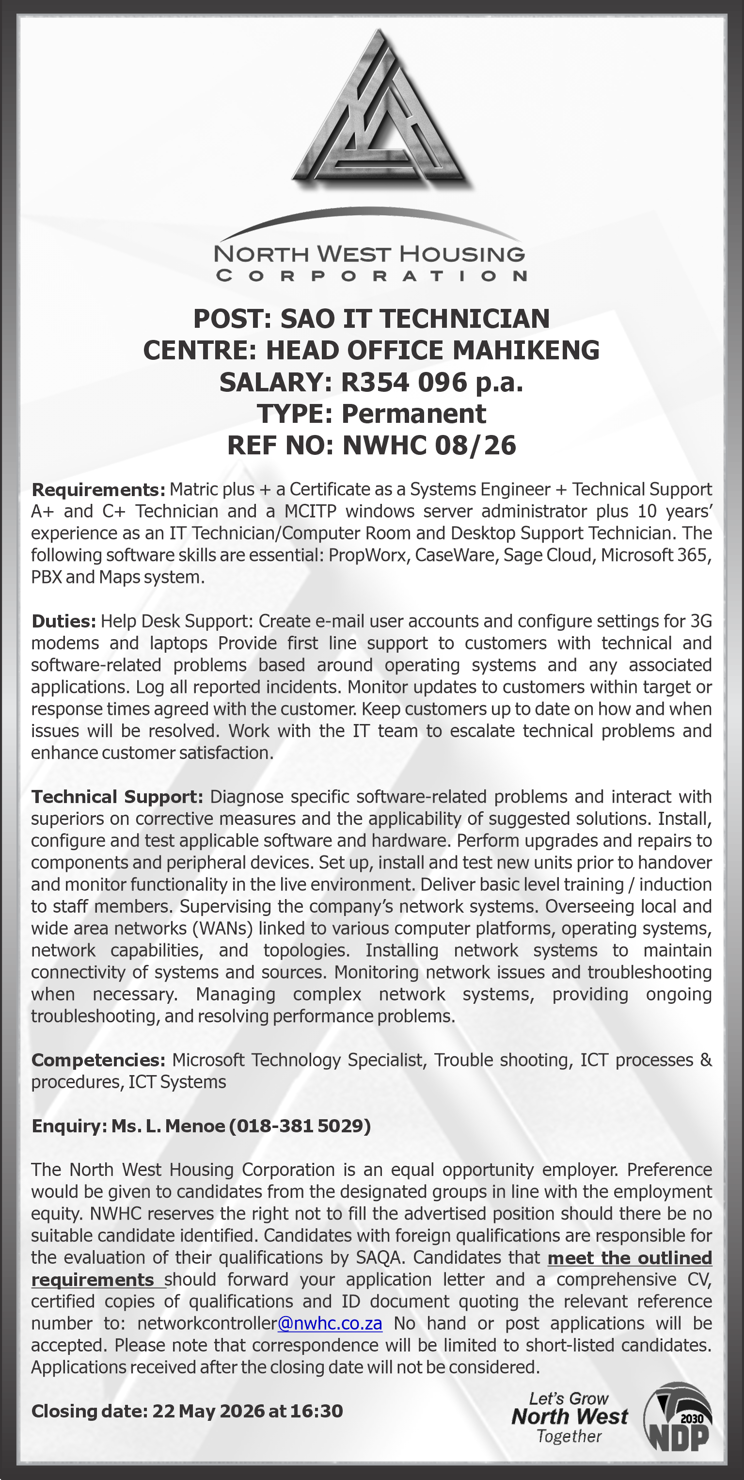 SAO IT Technician Post