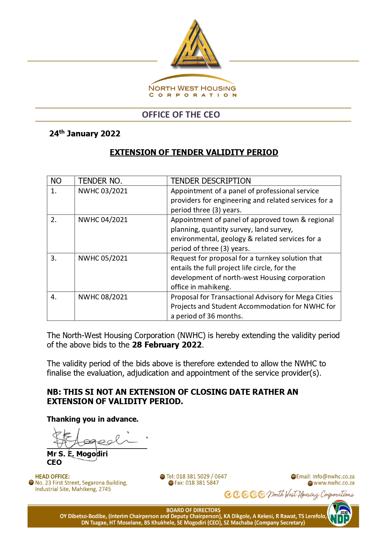 EXTENSION OF TENDER VALIDITY PERIOD